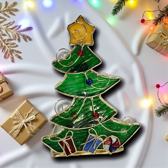 Vintage Stained Glass Christmas Tree Tea Light Candle Holder 7" Holiday Decor - Picture 1 of 12
